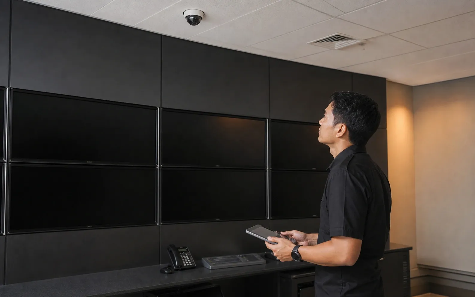Ruang pemantauan penuh layar CCTV sebagai gambaran sistem keamanan kasino yang mengawasi setiap meja