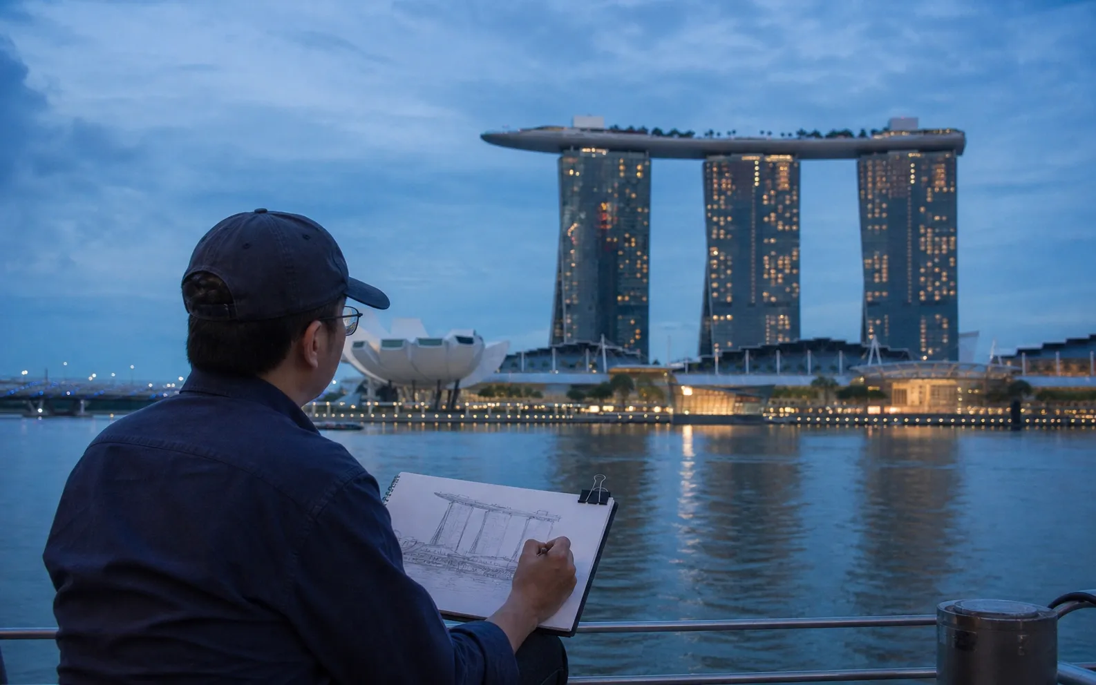 Siluet ikonik Marina Bay Sands Singapura di malam hari sebagai kasino megah yang dibangun Singapura